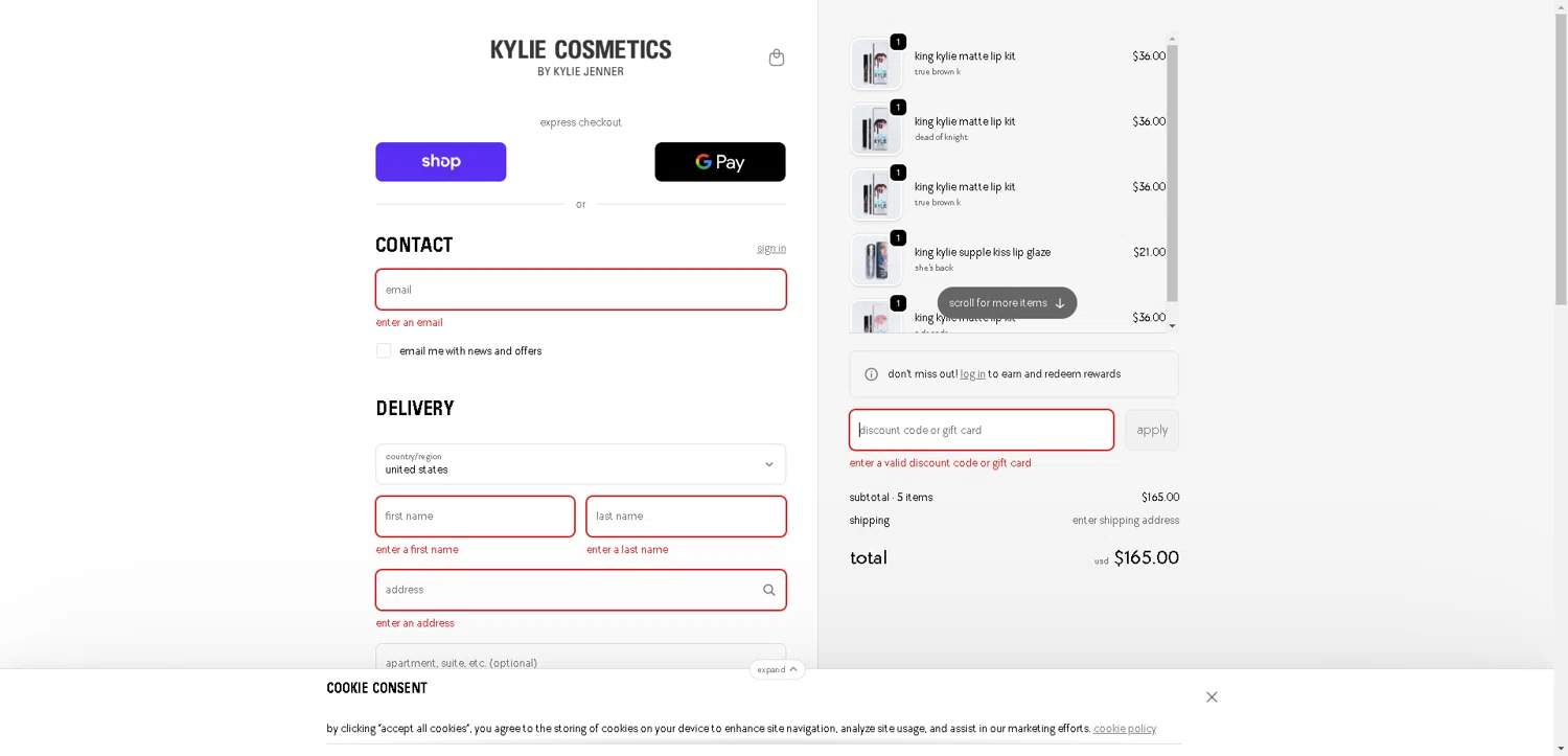 Kylie Skin discount code screenshot showing code SKIN20 applied at Kylie Skin checkout page. Uploaded by SimplyCodes community member CleverLynx8583 on Oct 30, 2025
