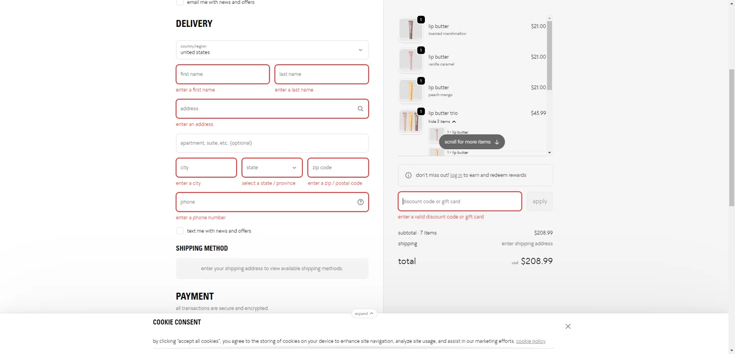 Kylie Skin discount code screenshot showing code LIPSTICK5 applied at Kylie Skin checkout page. Uploaded by SimplyCodes community member PennyRanger8219 on Oct 25, 2025