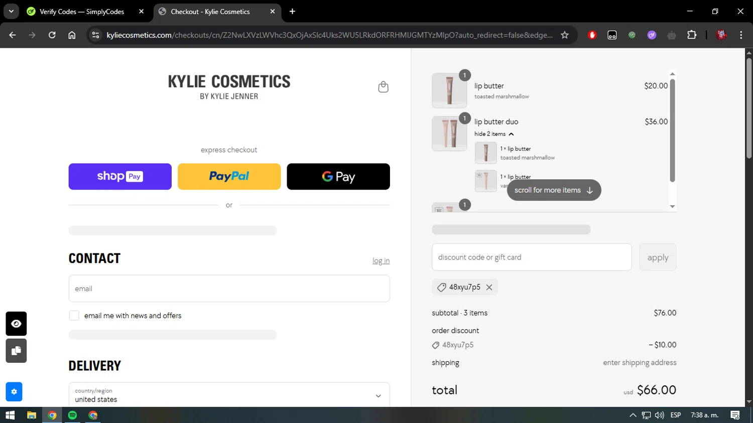 Kylie Skin discount code screenshot showing code 48XYU7P5 applied at Kylie Skin checkout page. Uploaded by SimplyCodes community member CouponHawk7847 on May 27, 2025