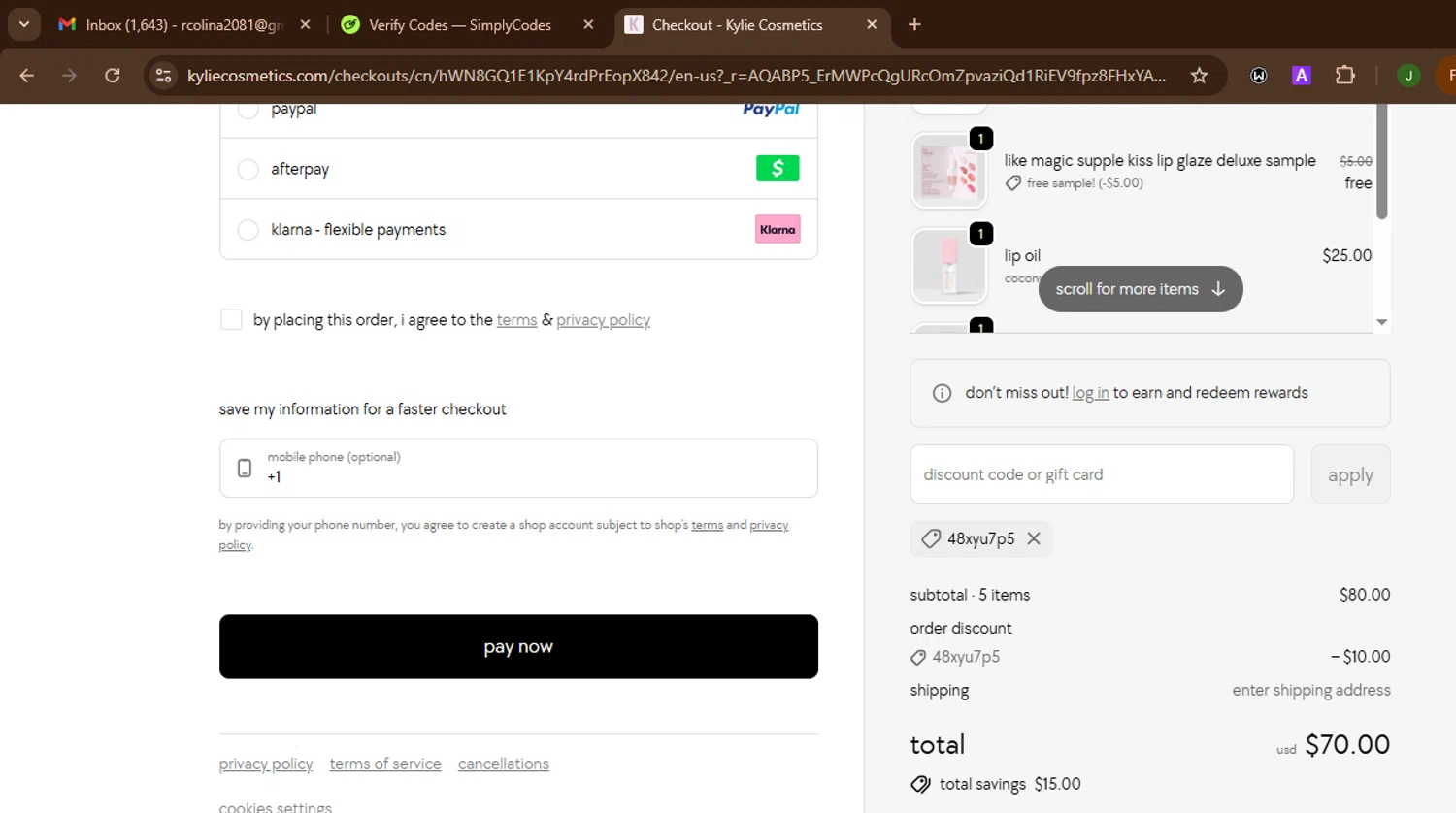 Kylie Skin checkout page showing Kylie Skin discount code box | Screenshot taken by SimplyCodes community member on Feb 1, 2026