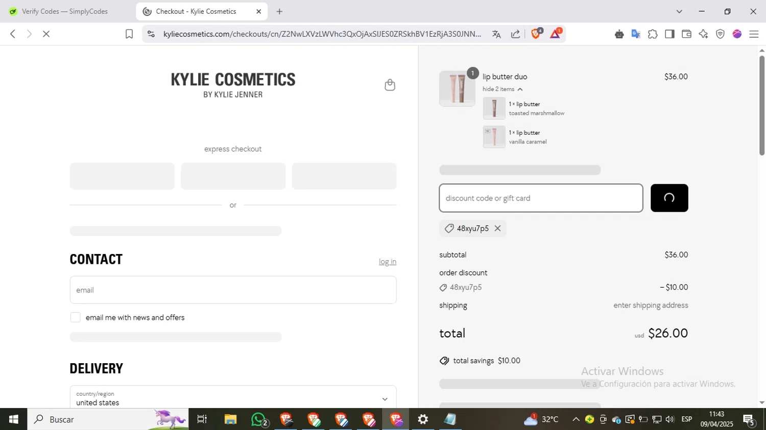 Kylie Skin discount code screenshot showing code 48XYU7P5 applied at Kylie Skin checkout page. Uploaded by SimplyCodes community member CashSpotter9266 on Apr 9, 2025