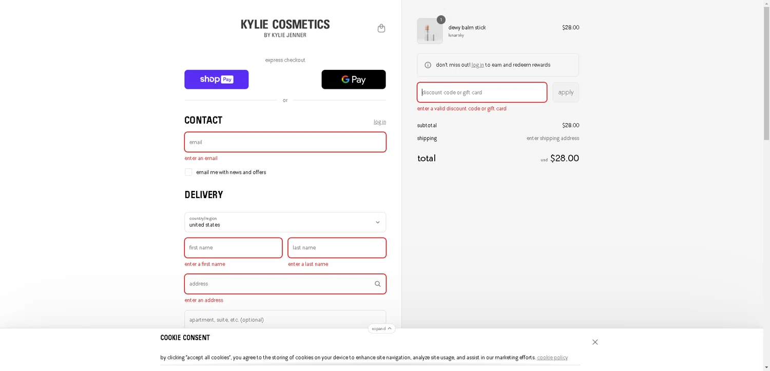 Kylie Skin discount code screenshot showing code 98FIW1ZX applied at Kylie Skin checkout page. Uploaded by SimplyCodes community member CleverLynx8583 on Aug 13, 2025