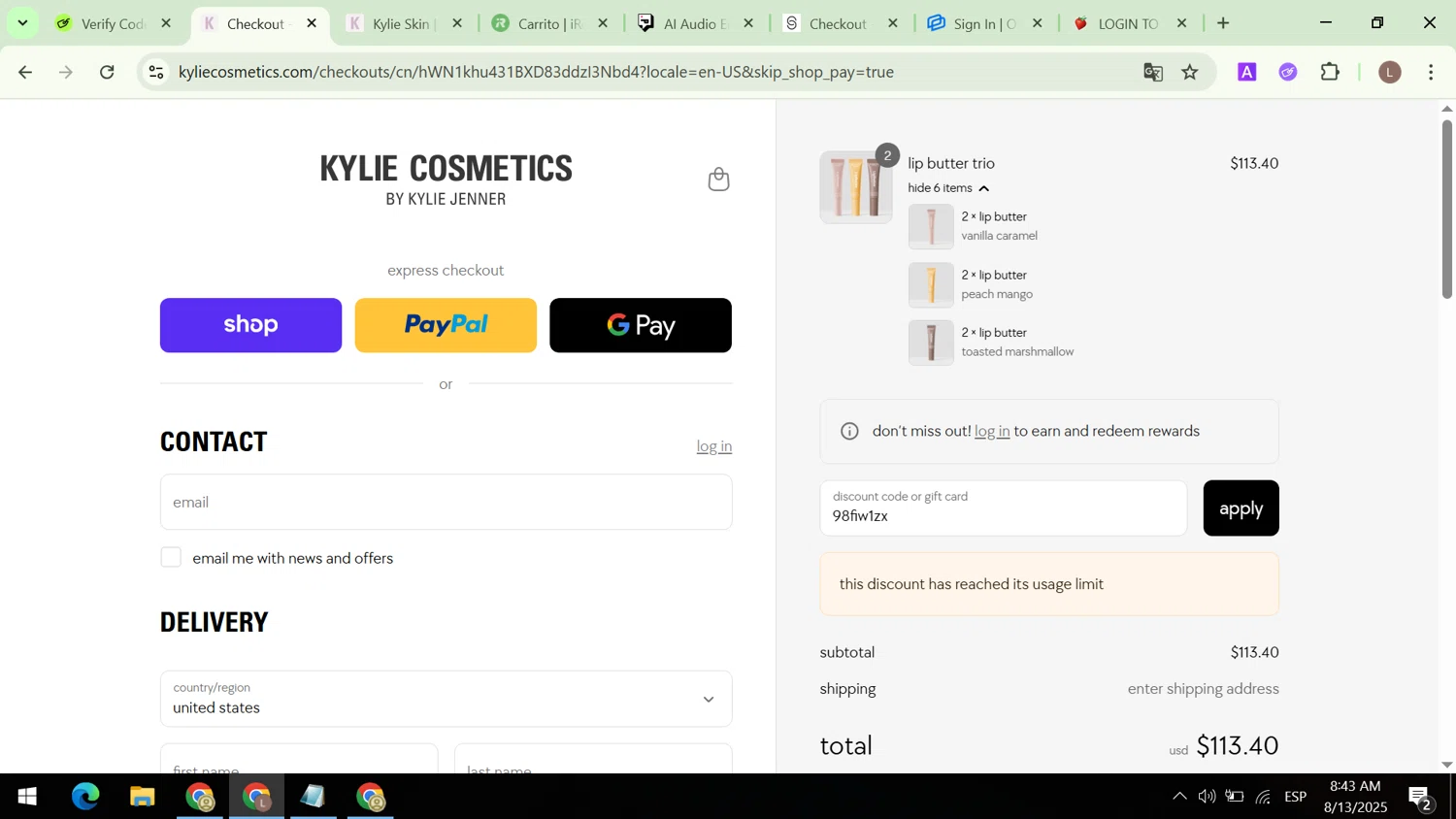 Kylie Skin discount code screenshot showing code 98FIW1ZX applied at Kylie Skin checkout page. Uploaded by SimplyCodes community member CodeCaptain8882 on Aug 13, 2025
