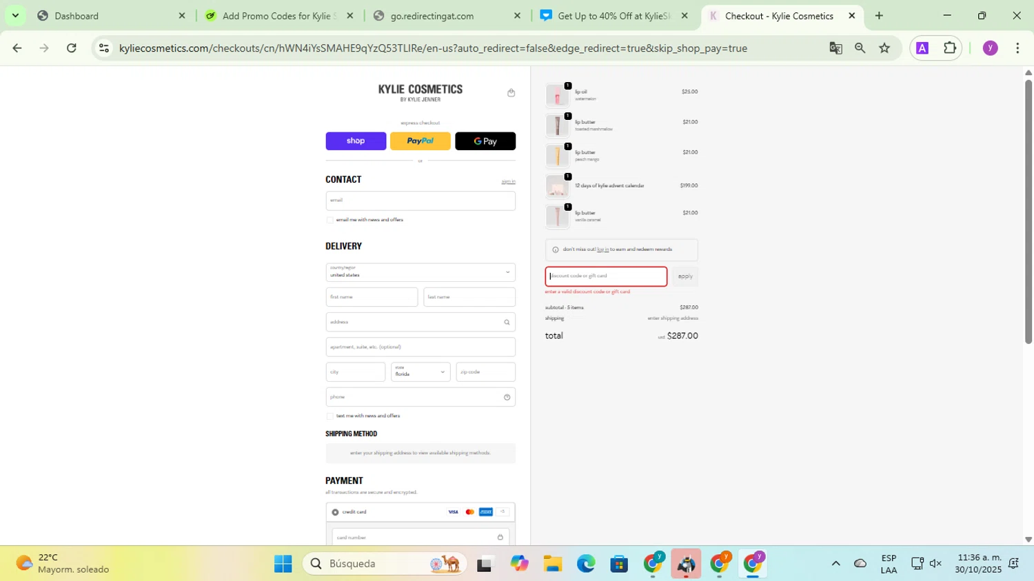 Kylie Skin discount code screenshot showing code SKIN20 applied at Kylie Skin checkout page. Uploaded by SimplyCodes community member yadicg054 on Oct 30, 2025