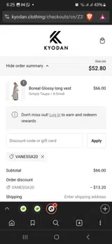 Vanessa20 coupon verification screenshot