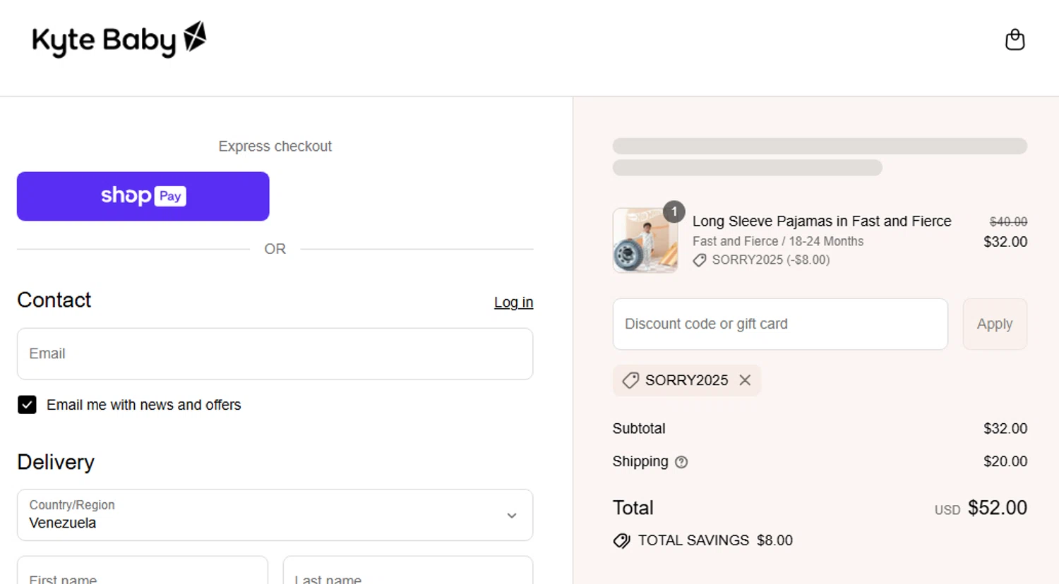 Kyte BABY discount code screenshot showing code SORRY2025 applied at Kyte BABY checkout page. Uploaded by SimplyCodes community member jfromvzla on Jul 30, 2025