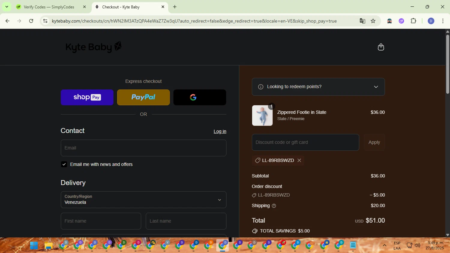 Kyte BABY discount code screenshot showing code LL-89RBSWZD applied at Kyte BABY checkout page. Uploaded by SimplyCodes community member VoucherTitan8325 on Aug 27, 2025