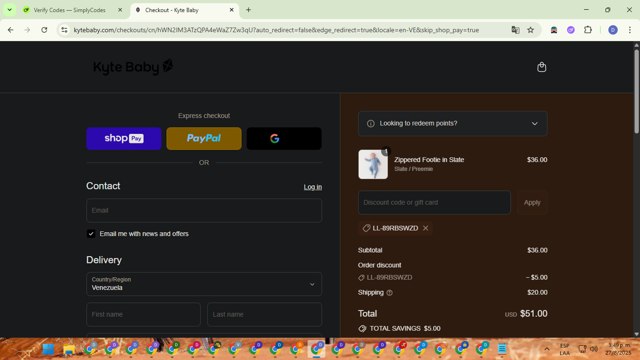 Kyte BABY checkout page showing Kyte BABY discount code box | Screenshot taken by SimplyCodes community member on Aug 27, 2025