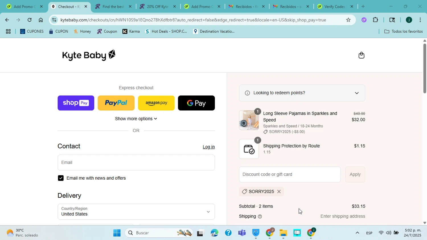 Kyte BABY discount code screenshot showing code SORRY2025 applied at Kyte BABY checkout page. Uploaded by SimplyCodes community member jorgejavierherrera on Jul 24, 2025