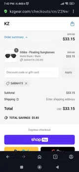Sarah15 coupon verification screenshot
