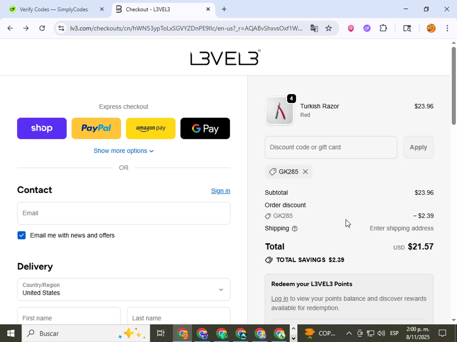L3VEL3 discount code screenshot showing code GK285 applied at L3VEL3 checkout page. Uploaded by SimplyCodes community member ingri96 on Nov 8, 2025