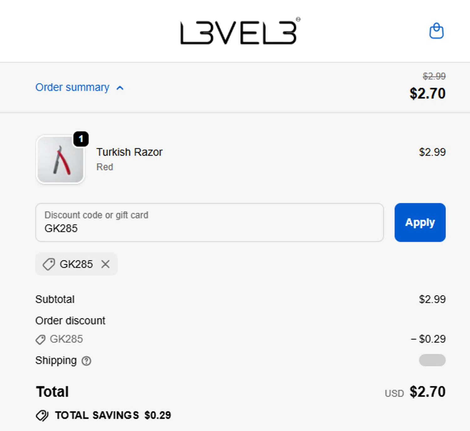 L3VEL3 discount code screenshot showing code GK285 applied at L3VEL3 checkout page. Uploaded by SimplyCodes community member josedanielacostaguan on Nov 24, 2025