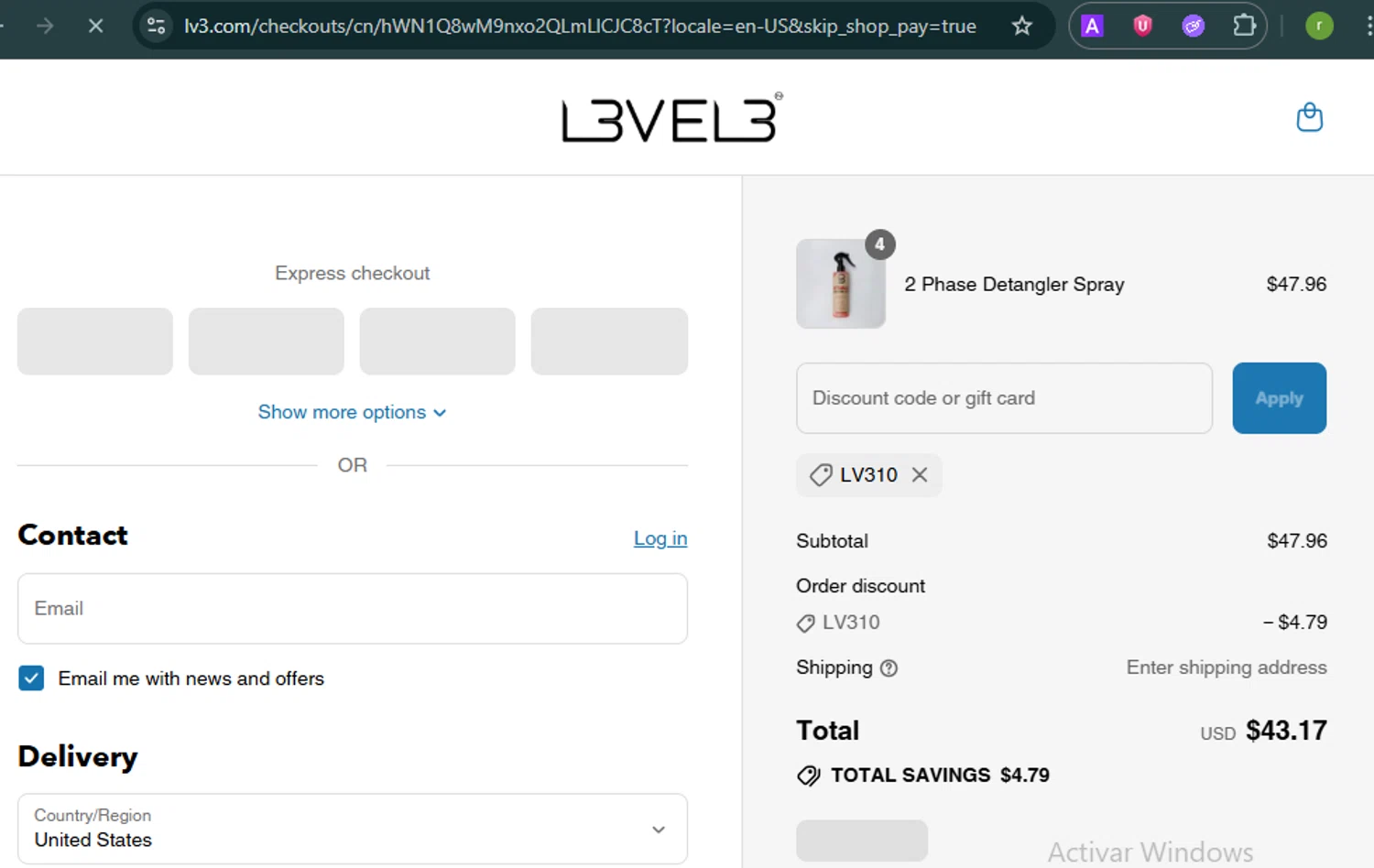 L3VEL3 discount code screenshot showing code LV310 applied at L3VEL3 checkout page. Uploaded by SimplyCodes community member BonusShopper7805 on Aug 4, 2025
