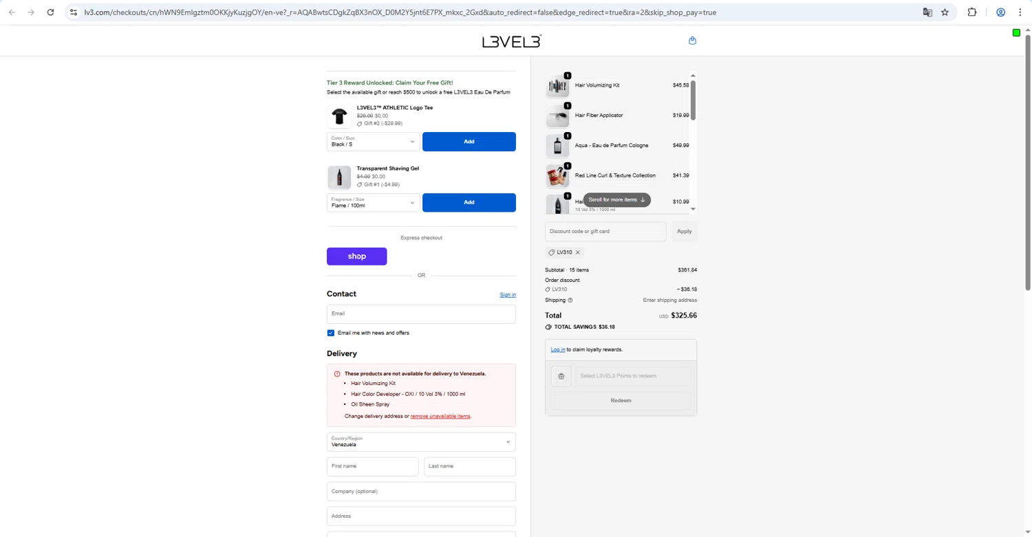 L3VEL3 checkout page showing L3VEL3 discount code box | Screenshot taken by SimplyCodes community member on Feb 26, 2026