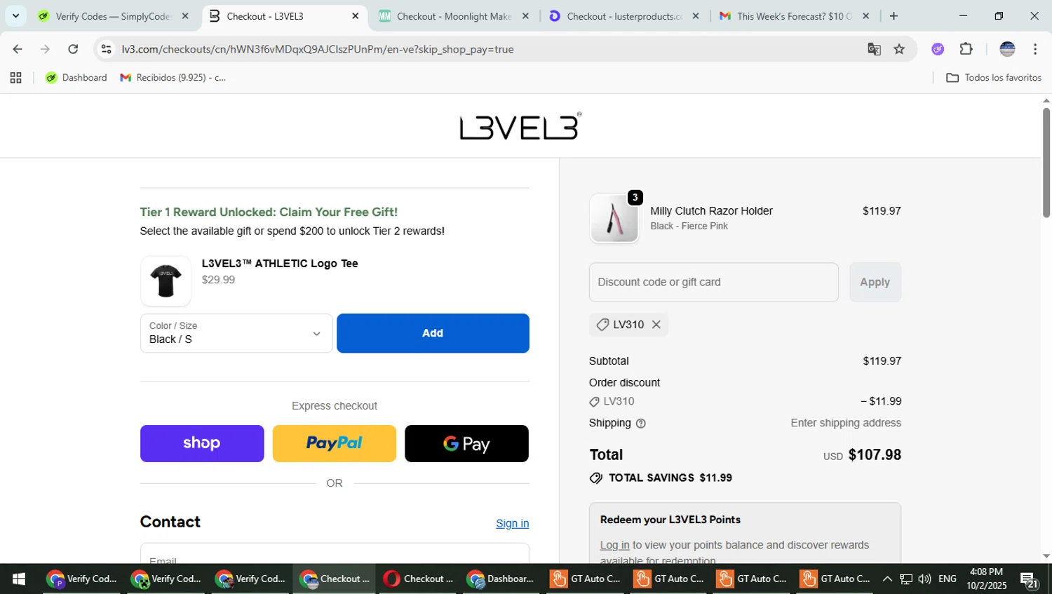 L3VEL3 discount code screenshot showing code LV310 applied at L3VEL3 checkout page. Uploaded by SimplyCodes community member TrevorPhilips on Oct 2, 2025