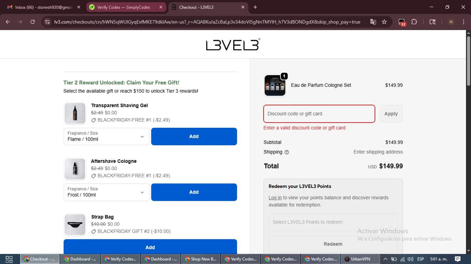 L3VEL3 discount code screenshot showing code HAPPYTHANKSGIVING10 applied at L3VEL3 checkout page. Uploaded by SimplyCodes community member VictoriousPioneer8823 on Nov 29, 2025