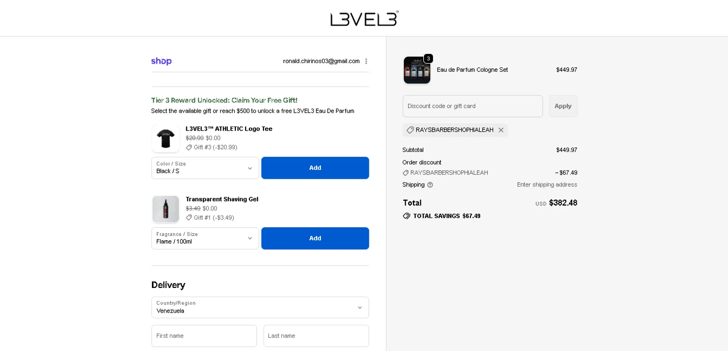 L3VEL3 discount code screenshot showing code RAYSBARBERSHOPHIALEAH applied at L3VEL3 checkout page. Uploaded by SimplyCodes community member CleverGenius9882 on Dec 27, 2025