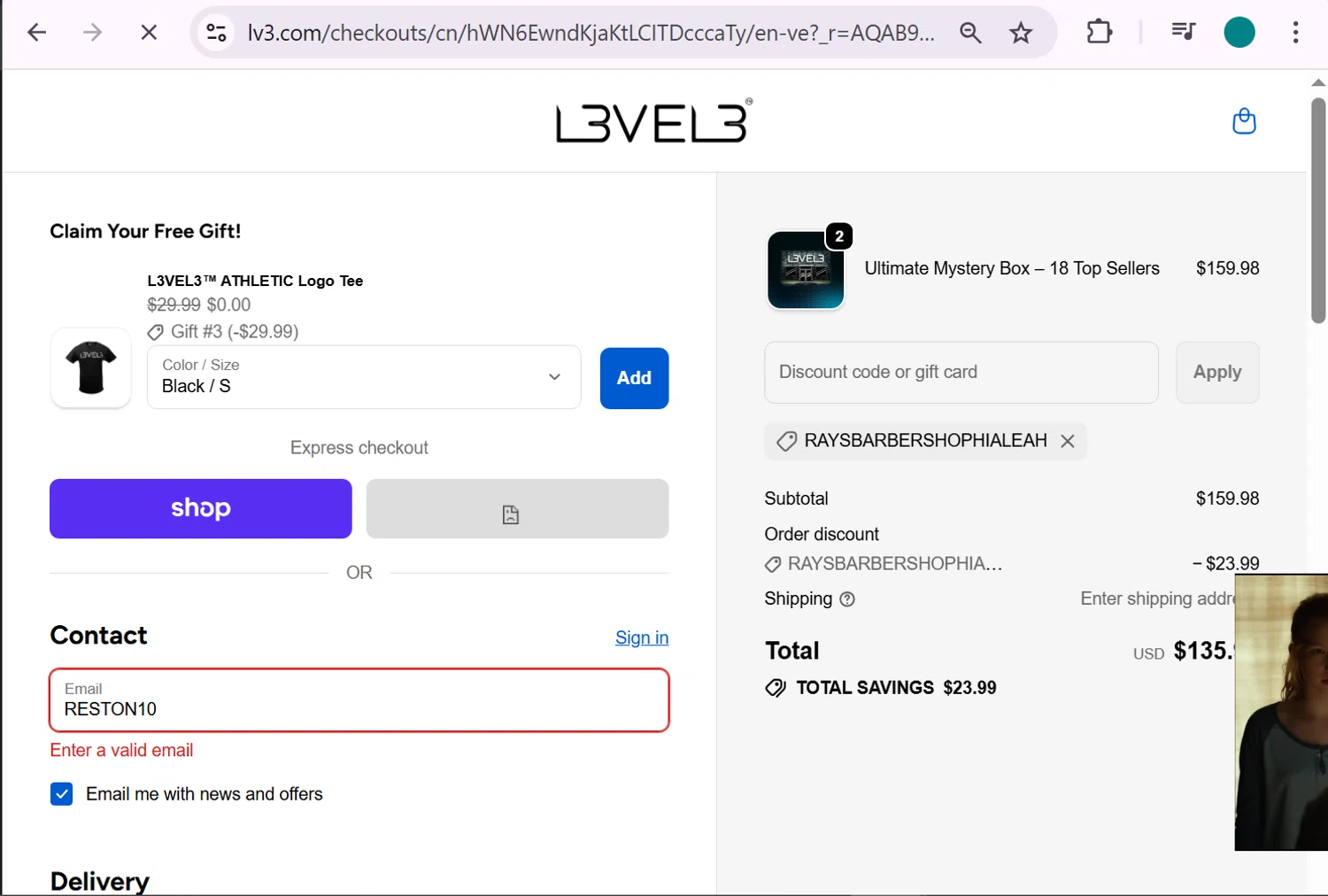 L3VEL3 discount code screenshot showing code RAYSBARBERSHOPHIALEAH applied at L3VEL3 checkout page. Uploaded by SimplyCodes community member anosesmith on Dec 9, 2025