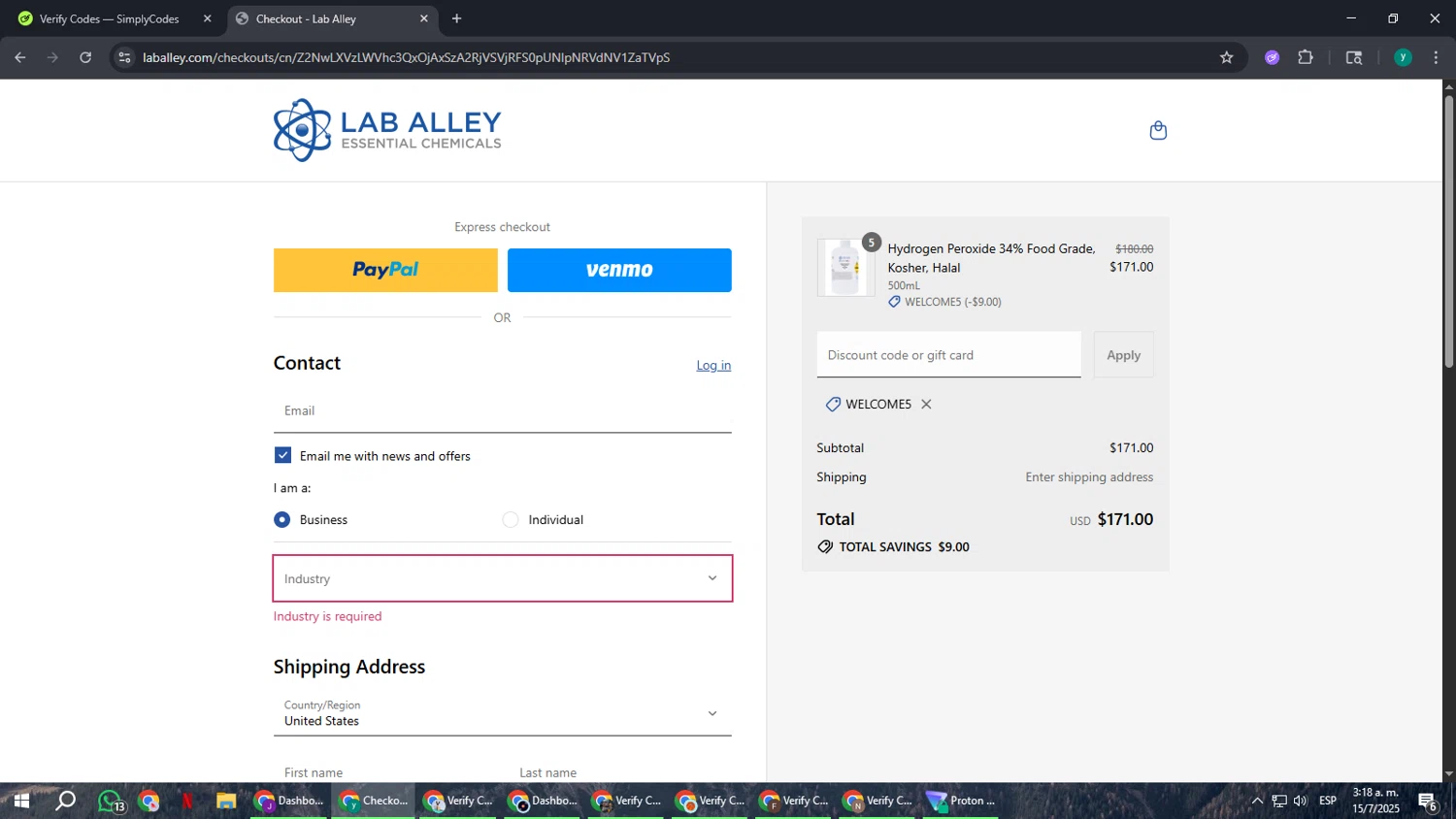 Lab Alley discount code screenshot showing code WELCOME5 applied at Lab Alley checkout page. Uploaded by SimplyCodes community member FrugalCaptain6906 on Jul 15, 2025
