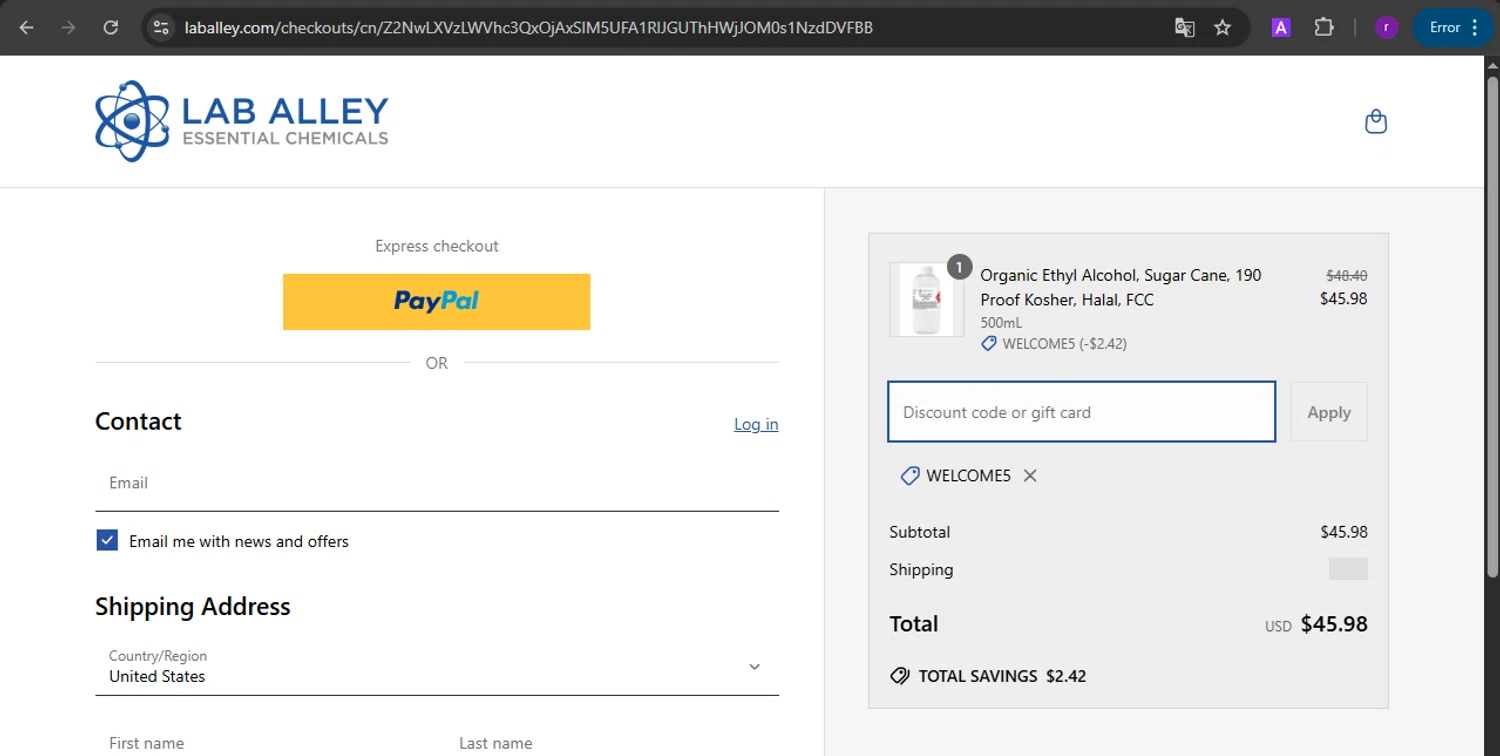 Lab Alley discount code screenshot showing code WELCOME5 applied at Lab Alley checkout page. Uploaded by SimplyCodes community member SmartVoyager1455 on Apr 20, 2025