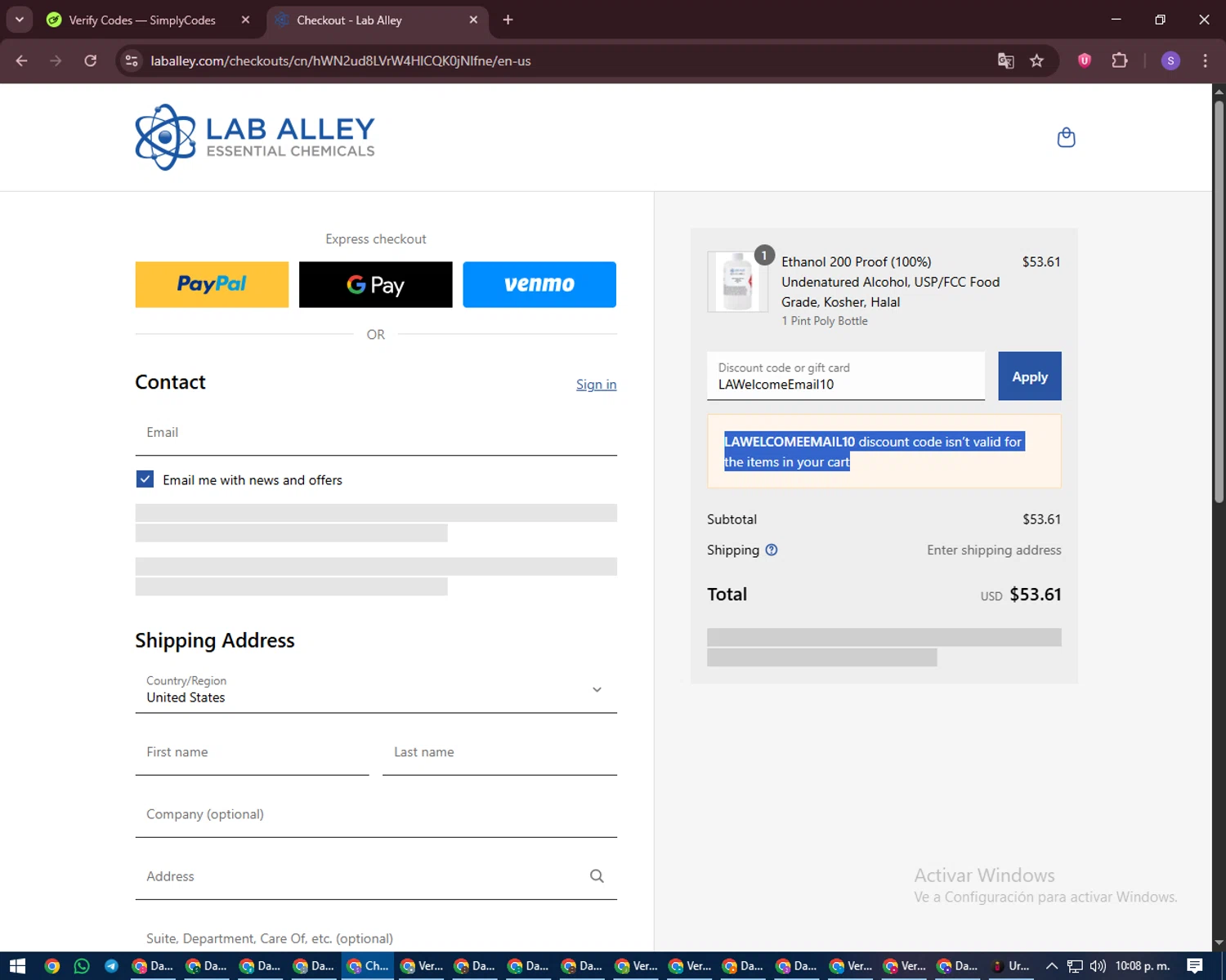 Lab Alley discount code screenshot showing code LAWelcomeEmail10 applied at Lab Alley checkout page. Uploaded by SimplyCodes community member LuckyVoyager688 on Sep 13, 2025