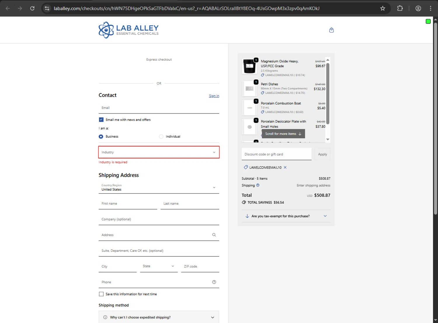 Lab Alley discount code screenshot showing code LAWelcomeEmail10 applied at Lab Alley checkout page. Uploaded by SimplyCodes community member RINITOSHI on Dec 31, 2025