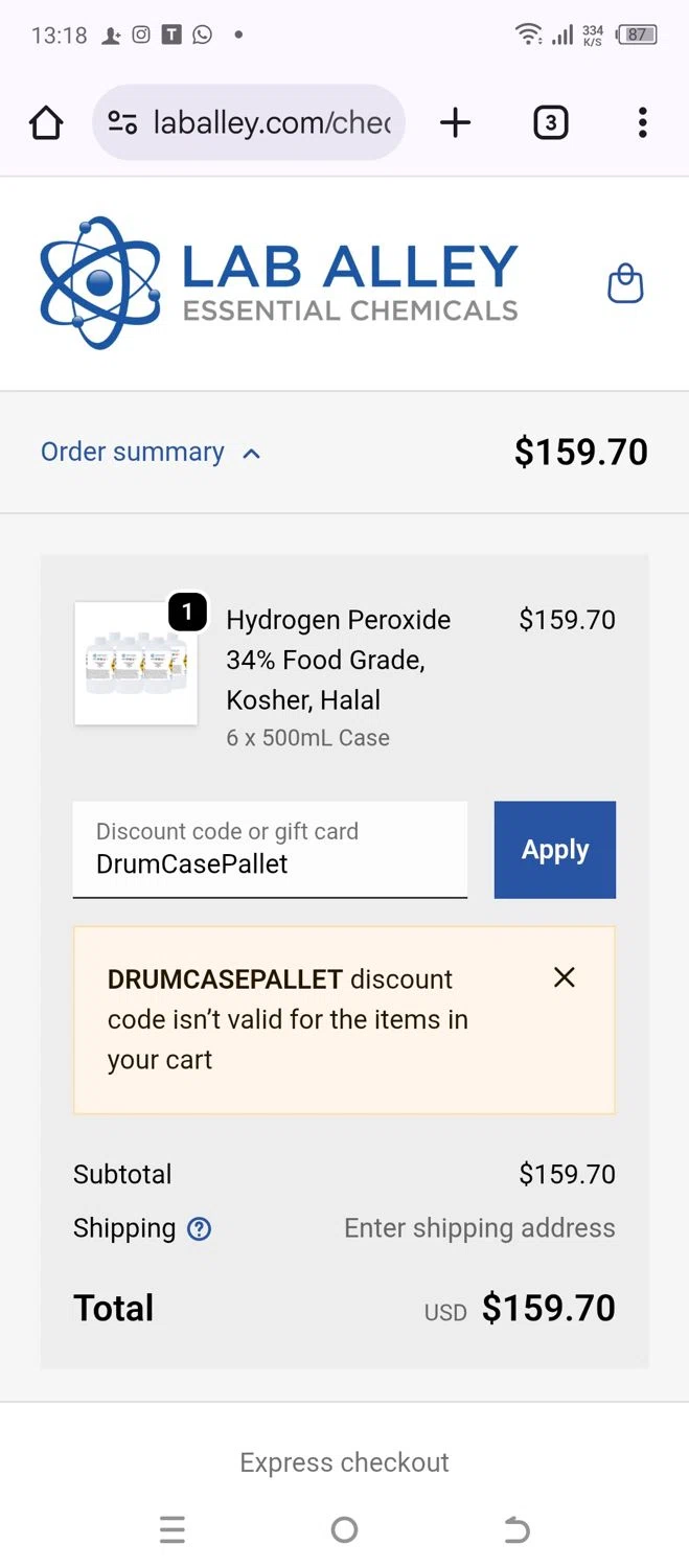 Lab Alley discount code screenshot showing code DrumCasePallet applied at Lab Alley checkout page. Uploaded by SimplyCodes community member Sheele_Icon on Nov 1, 2025