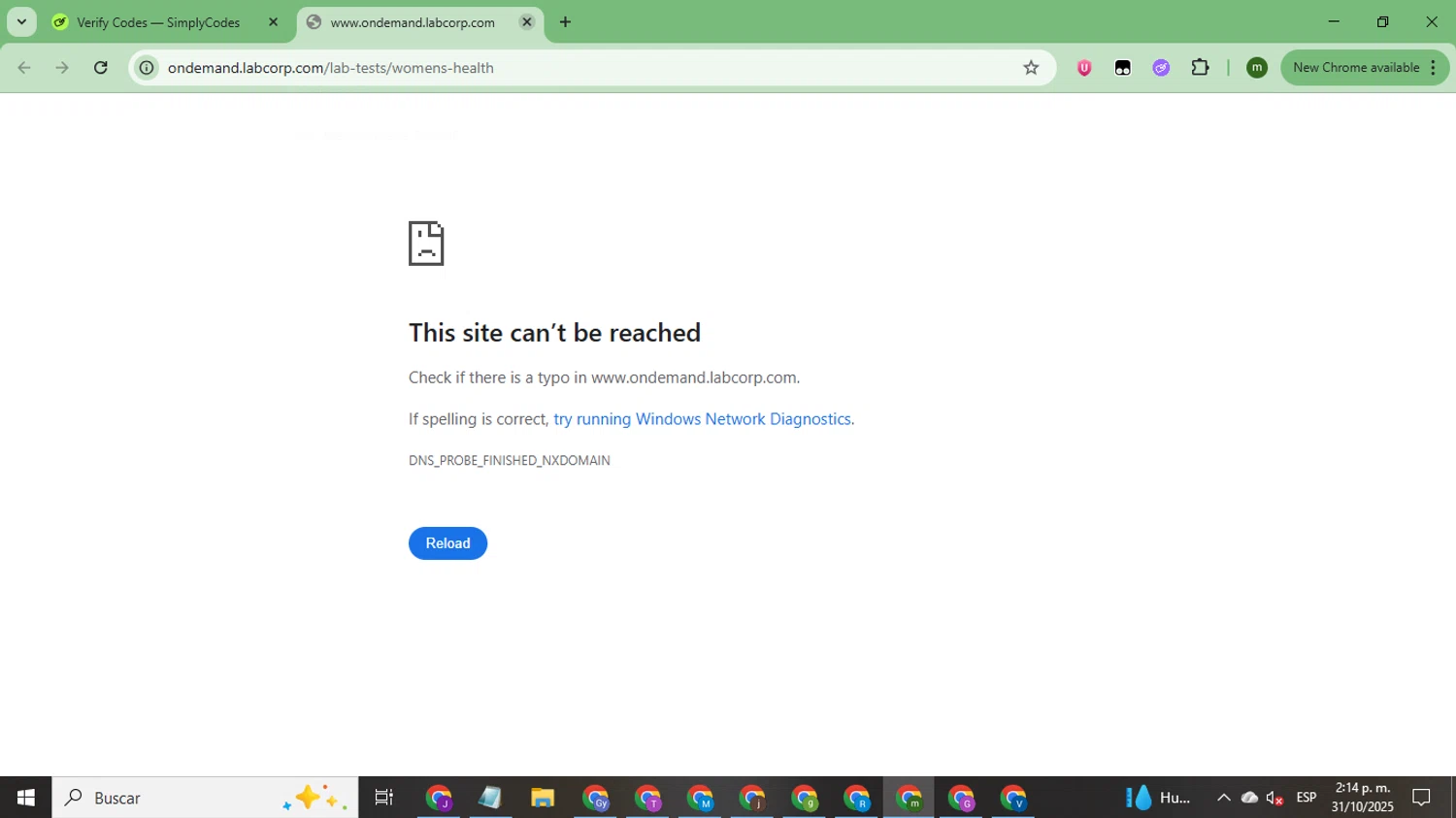 Labcorp OnDemand promo code screenshot showing code WELCOME10 applied at Labcorp OnDemand checkout page. Uploaded by SimplyCodes community member CoinSage7057 on Oct 31, 2025