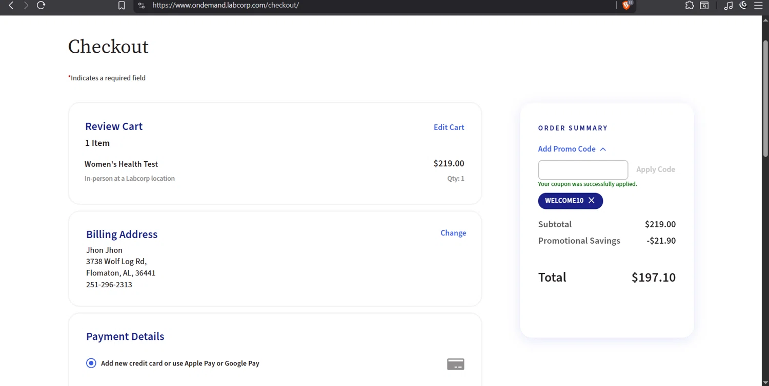 Labcorp OnDemand checkout page showing Labcorp OnDemand promo code box | Screenshot taken by SimplyCodes community member on Oct 9, 2025