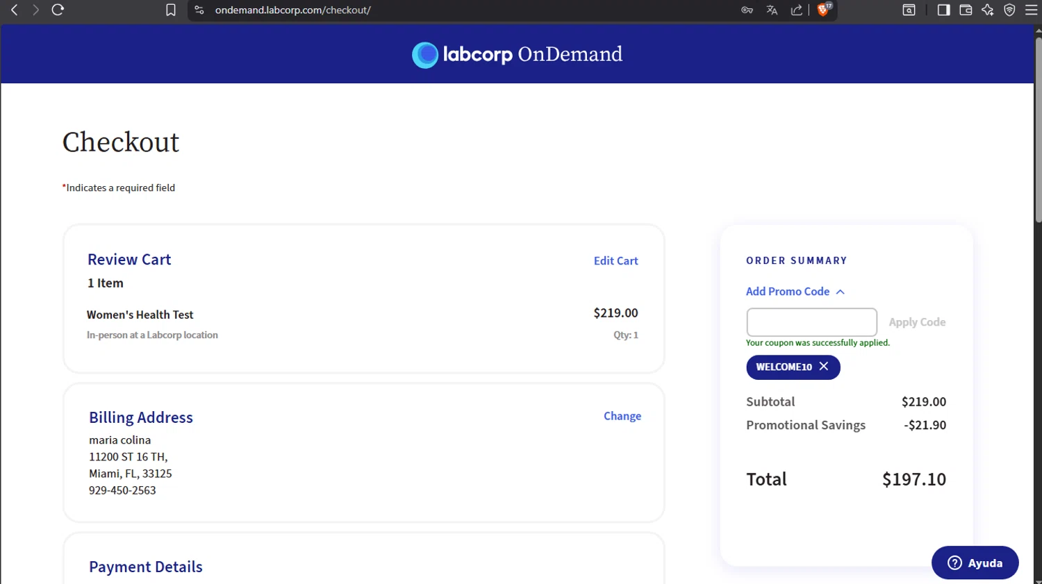Labcorp OnDemand promo code screenshot showing code Welcome10 applied at Labcorp OnDemand checkout page. Uploaded by SimplyCodes community member crischidy25 on Dec 19, 2025