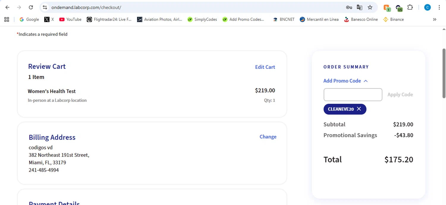 Labcorp OnDemand promo code screenshot showing code CLEANEVE20 applied at Labcorp OnDemand checkout page. Uploaded by SimplyCodes community member victor on Dec 19, 2025