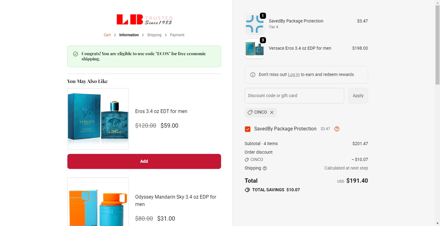 La Belle Perfumes promo code screenshot showing code CINCO applied at La Belle Perfumes checkout page. Uploaded by SimplyCodes community member BargainMonarch8220 on Oct 22, 2025