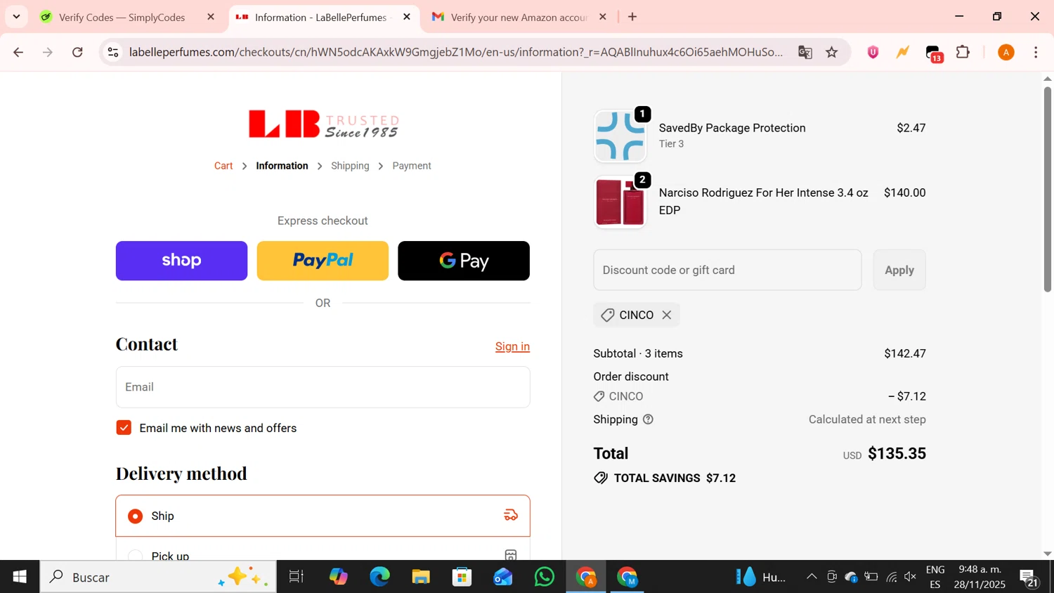La Belle Perfumes promo code screenshot showing code CINCO applied at La Belle Perfumes checkout page. Uploaded by SimplyCodes community member BrilliantPro4121 on Nov 28, 2025