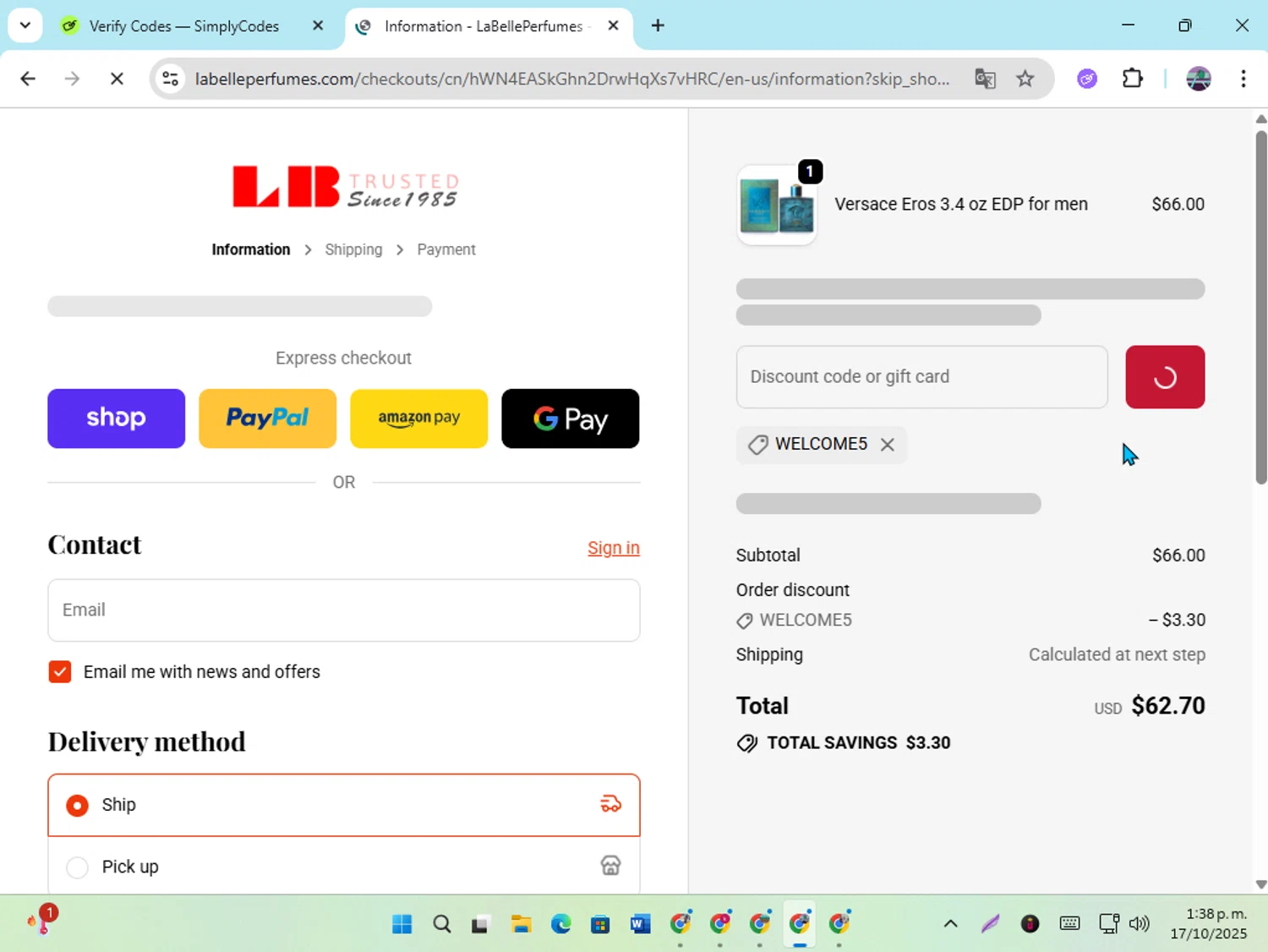 La Belle Perfumes promo code screenshot showing code WELCOME5 applied at La Belle Perfumes checkout page. Uploaded by SimplyCodes community member DiscountGenius6081 on Oct 17, 2025