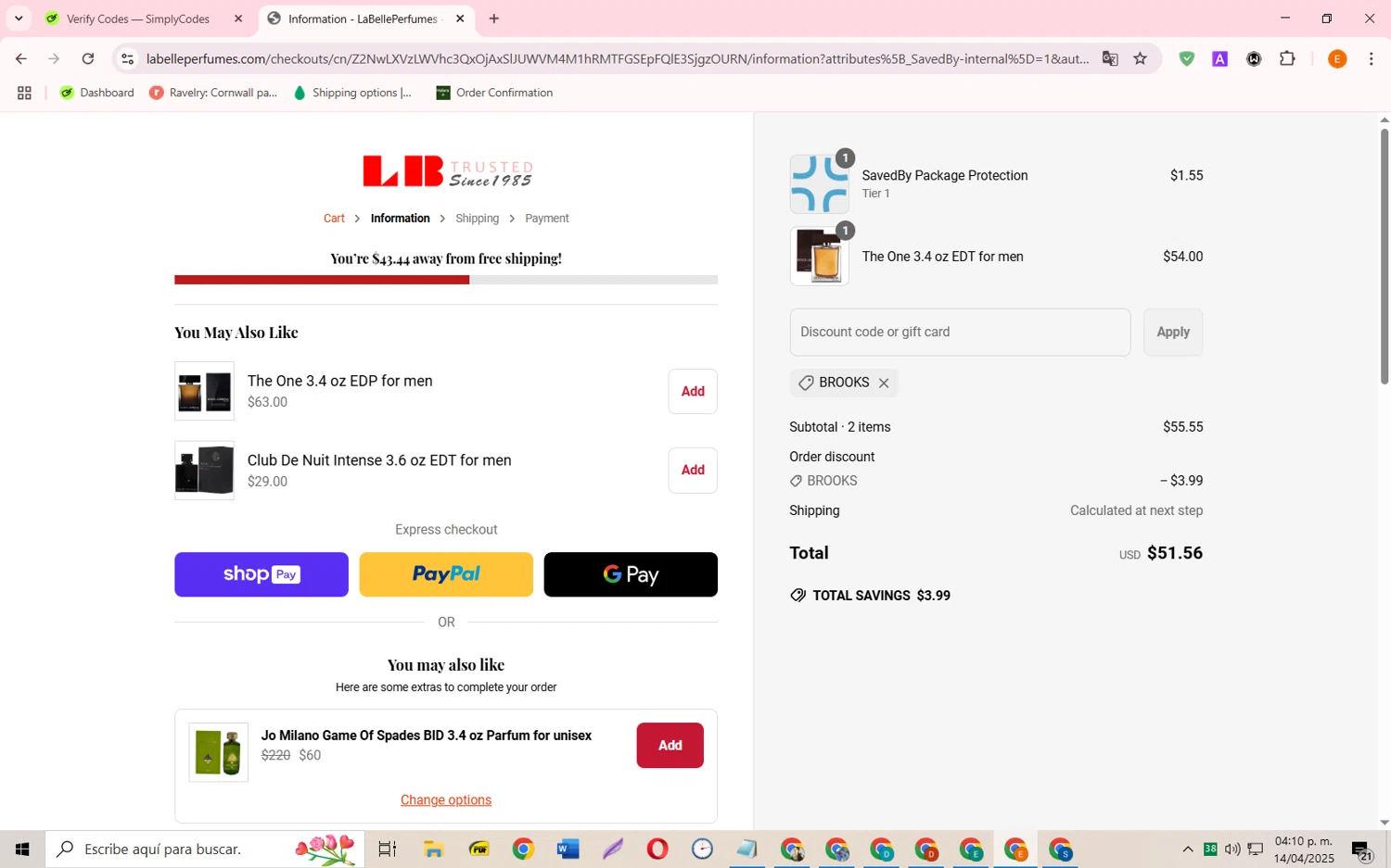 La Belle Perfumes promo code screenshot showing code BROOKS applied at La Belle Perfumes checkout page. Uploaded by SimplyCodes community member RewardFalcon3197 on Apr 14, 2025