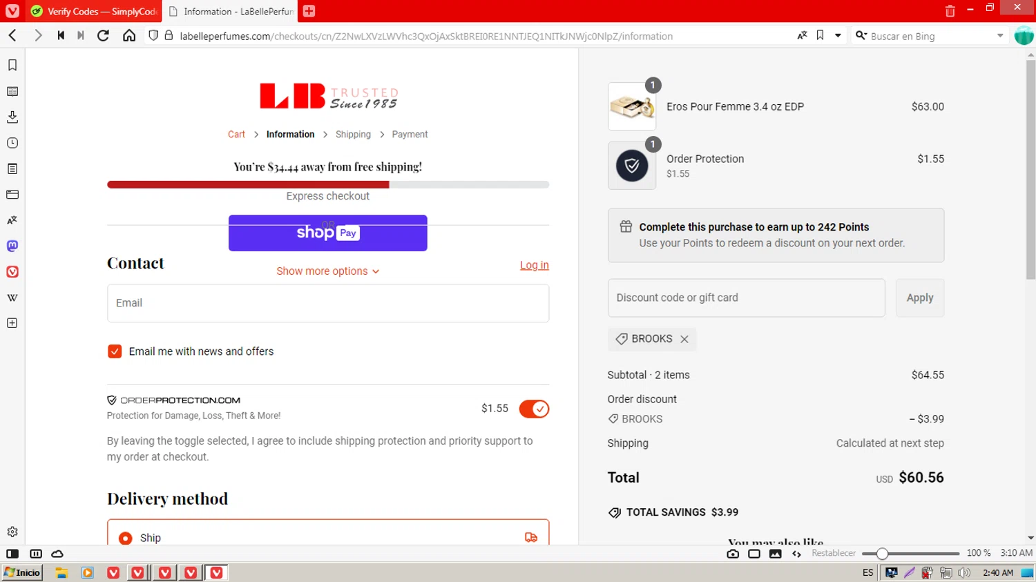 La Belle Perfumes promo code screenshot showing code BROOKS applied at La Belle Perfumes checkout page. Uploaded by SimplyCodes community member hectorpetit1 on Feb 5, 2025