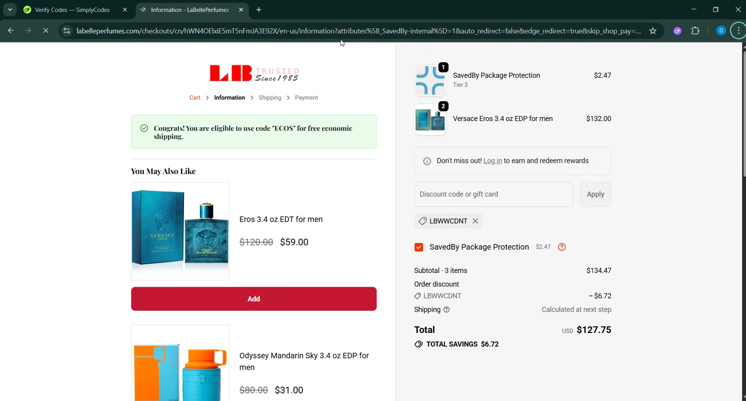 La Belle Perfumes promo code screenshot showing code LBWWcdNt applied at La Belle Perfumes checkout page. Uploaded by SimplyCodes community member _____________ on Oct 22, 2025
