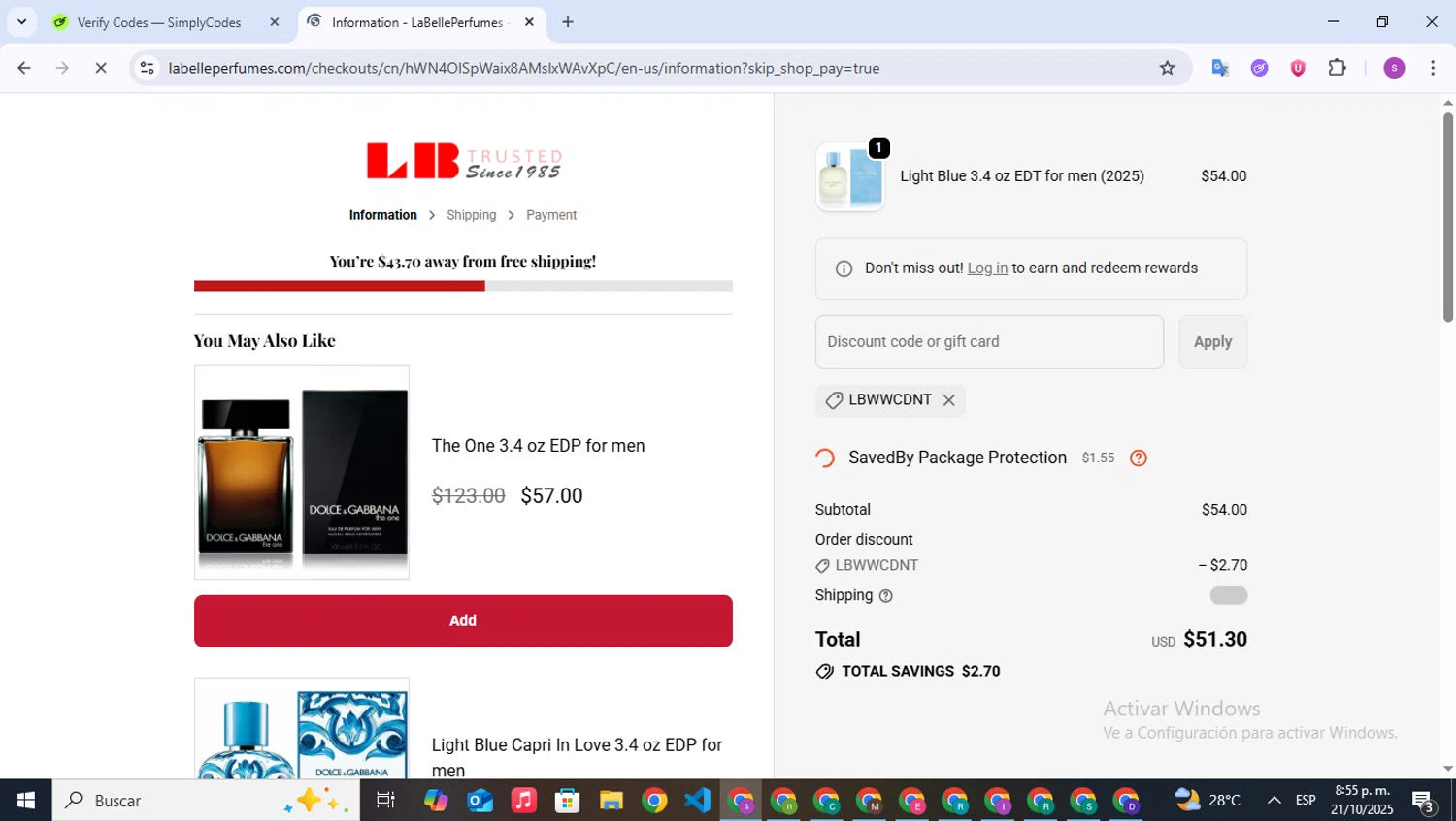 La Belle Perfumes promo code screenshot showing code LBWWcdNt applied at La Belle Perfumes checkout page. Uploaded by SimplyCodes community member WonderPioneer5062 on Oct 22, 2025
