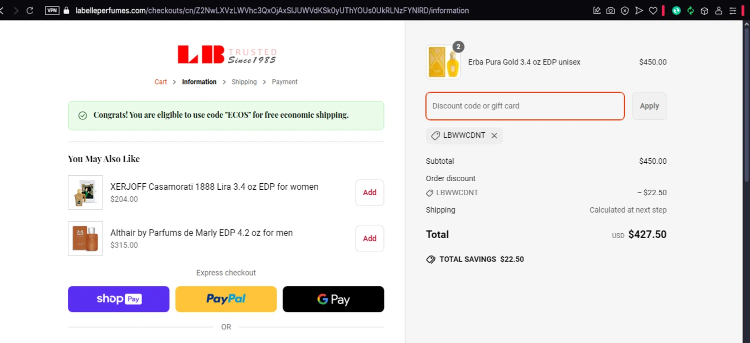 La Belle Perfumes promo code screenshot showing code LBWWcdNt applied at La Belle Perfumes checkout page. Uploaded by SimplyCodes community member dtavoplomeria on Apr 14, 2025