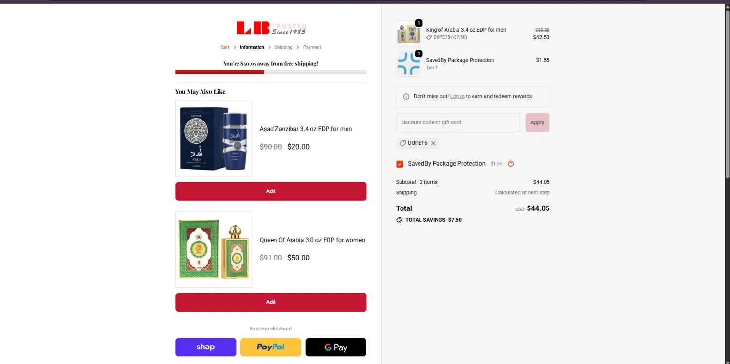 La Belle Perfumes promo code screenshot showing code dupe15 applied at La Belle Perfumes checkout page. Uploaded by SimplyCodes community member Carlosramirez09 on Oct 2, 2025