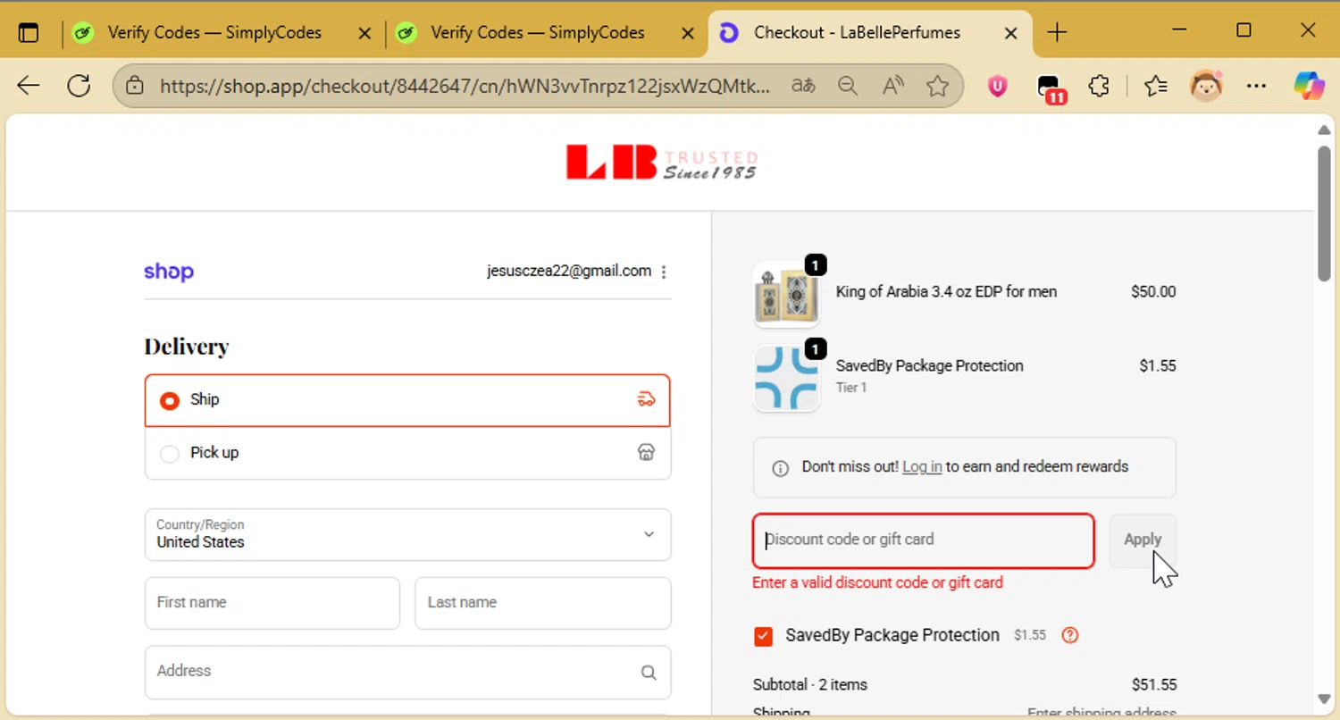 La Belle Perfumes promo code screenshot showing code dupe15 applied at La Belle Perfumes checkout page. Uploaded by SimplyCodes community member CleverAce742 on Oct 9, 2025
