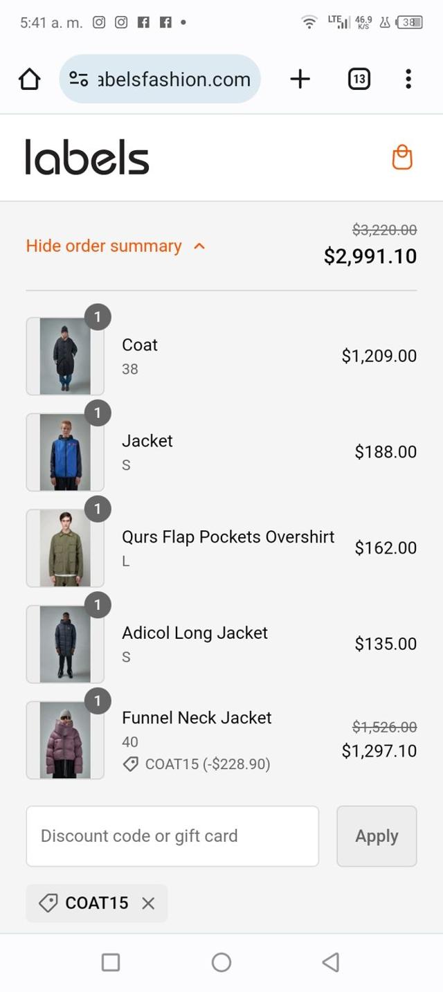 Labels Fashion checkout page showing Labels Fashion promo code box | Screenshot taken by SimplyCodes community member on Nov 3, 2023