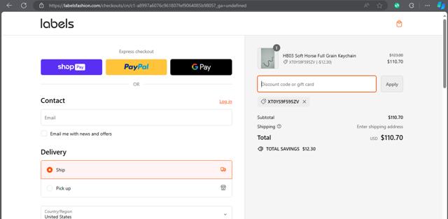 Labels Fashion checkout page showing Labels Fashion promo code box | Screenshot taken by SimplyCodes community member on Mar 15, 2024