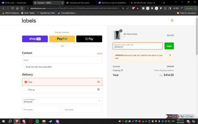 Labels Fashion checkout page showing Labels Fashion promo code box | Screenshot taken by SimplyCodes community member on Mar 30, 2024