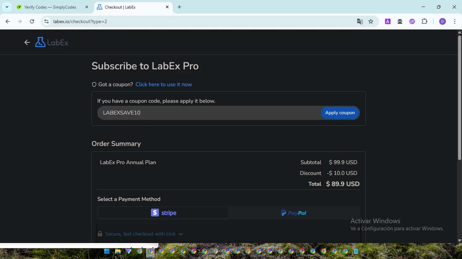 LabEx checkout page showing LabEx coupon code box | Screenshot taken by SimplyCodes community member on Oct 13, 2025