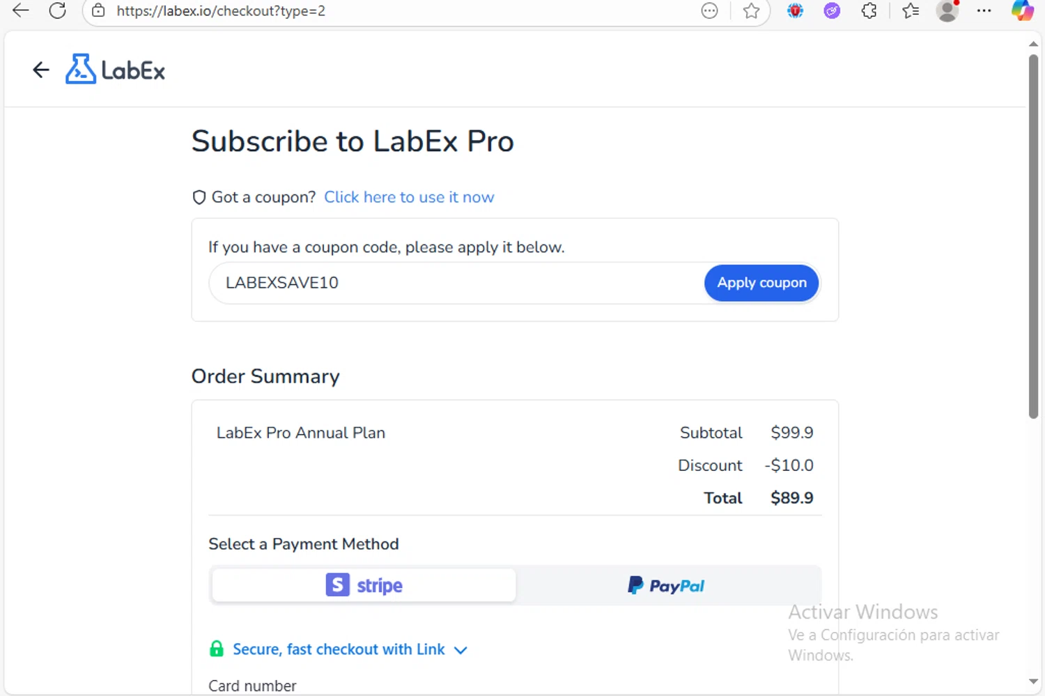 LabEx checkout page showing LabEx coupon code box | Screenshot taken by SimplyCodes community member on Aug 16, 2025