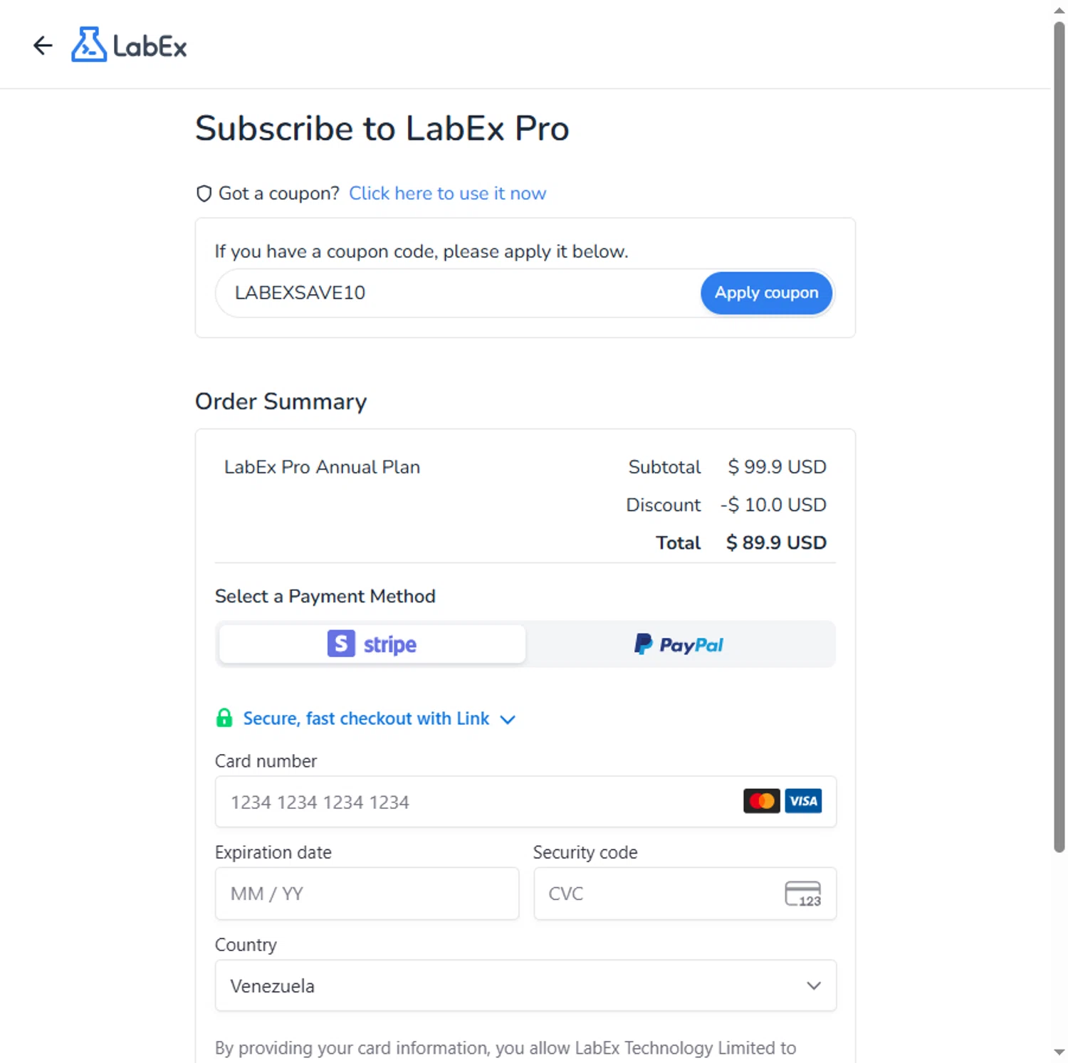 LabEx coupon code screenshot showing code LABEXSAVE10 applied at LabEx checkout page. Uploaded by SimplyCodes community member Leannysv7lla on Nov 20, 2025