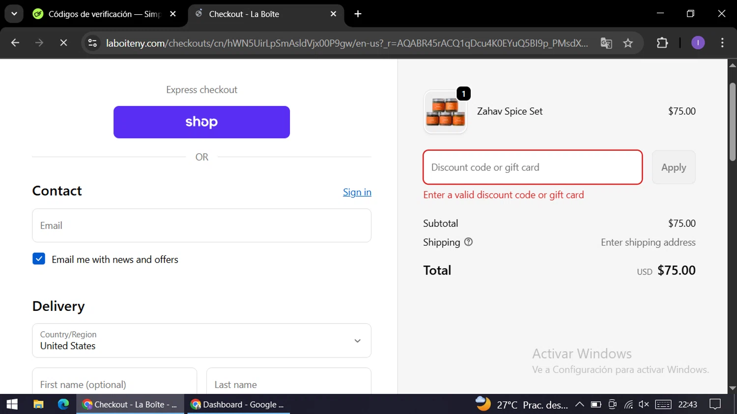 La Boîte promo code screenshot showing code FIRST10 applied at La Boîte checkout page. Uploaded by SimplyCodes community member AGP44456545 on Nov 20, 2025