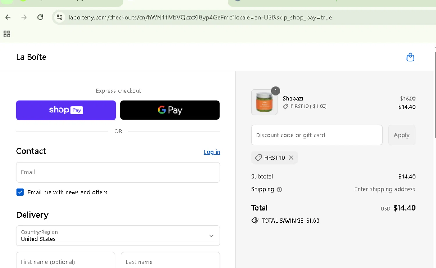 La Boîte promo code screenshot showing code FIRST10 applied at La Boîte checkout page. Uploaded by SimplyCodes community member NobleSentinel8535 on Aug 17, 2025