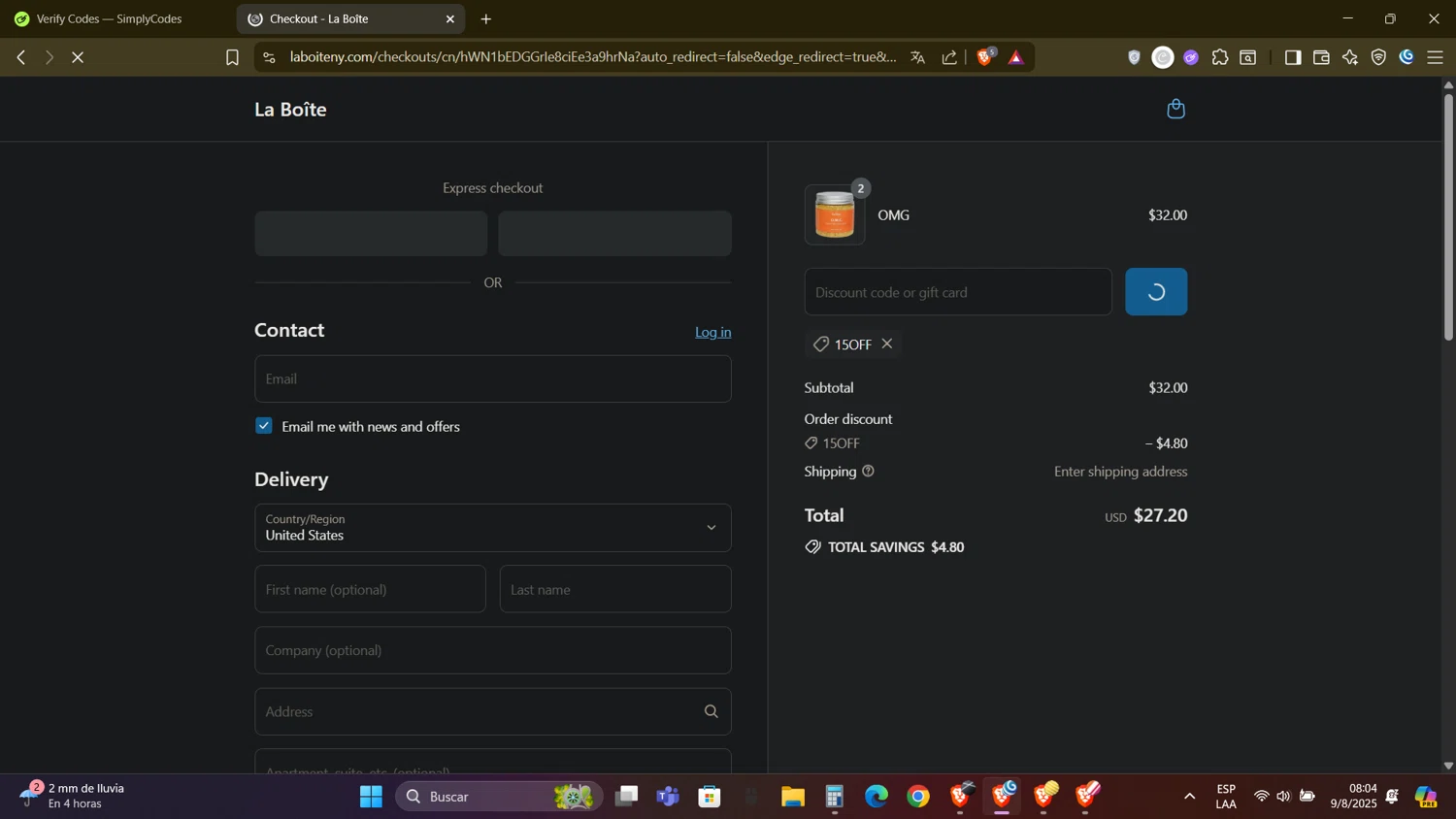 La Boîte promo code screenshot showing code 15OFF applied at La Boîte checkout page. Uploaded by SimplyCodes community member DealAdmiral5466 on Aug 9, 2025